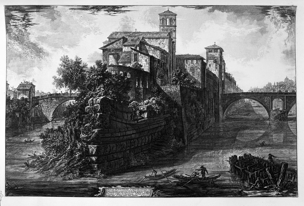 Veduta dell' Isola Tiberina. Stampa di Giovanni Piranesi.
